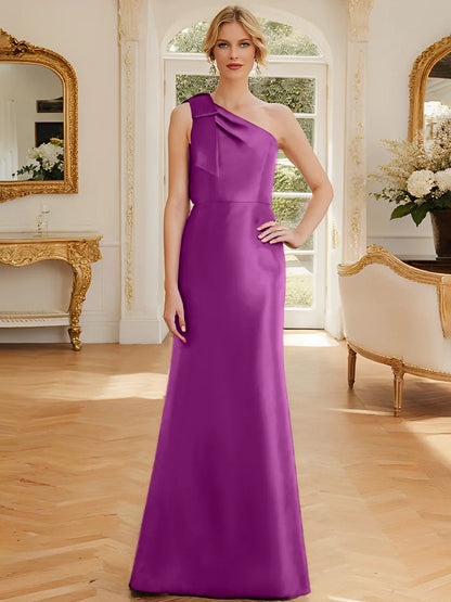 Tight fit/straight leg one shoulder sleeveless satin bow mother of the bride dress