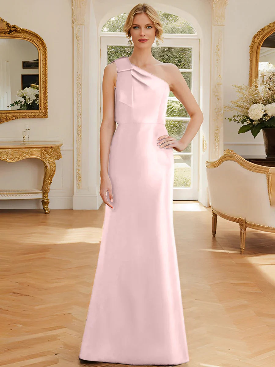 Tight fit/straight leg one shoulder sleeveless satin bow mother of the bride dress