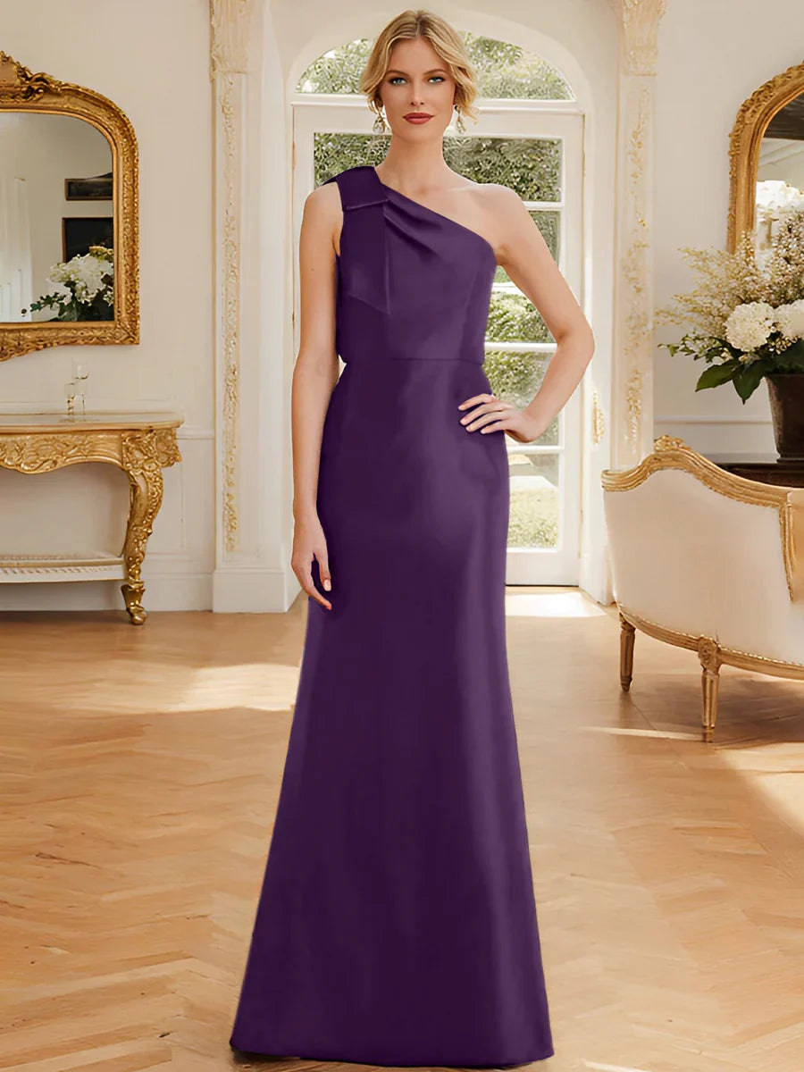 Tight fit/straight leg one shoulder sleeveless satin bow mother of the bride dress