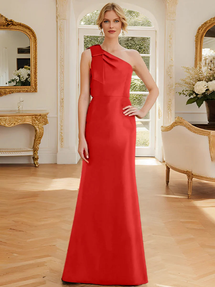 Tight fit/straight leg one shoulder sleeveless satin bow mother of the bride dress