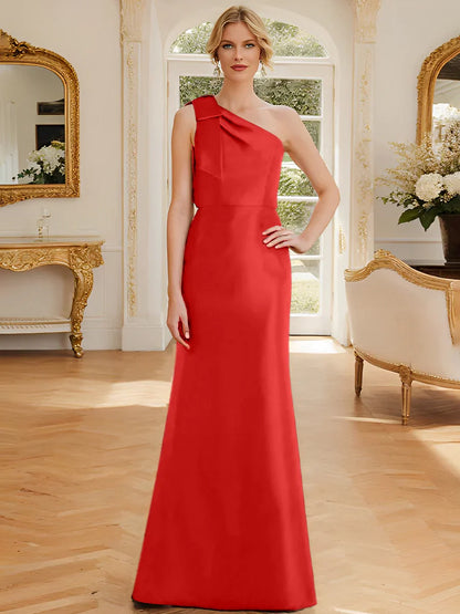 Tight fit/straight leg one shoulder sleeveless satin bow mother of the bride dress