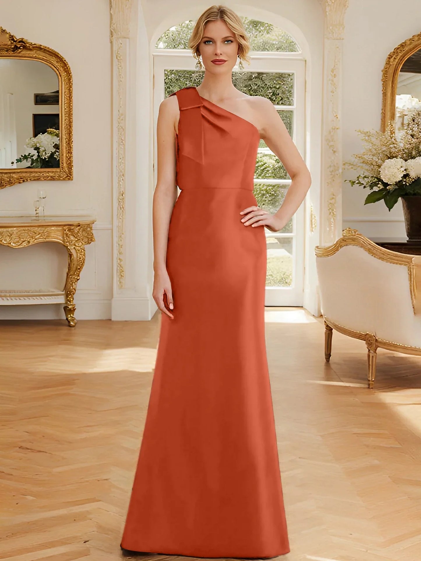 Tight fit/straight leg one shoulder sleeveless satin bow mother of the bride dress