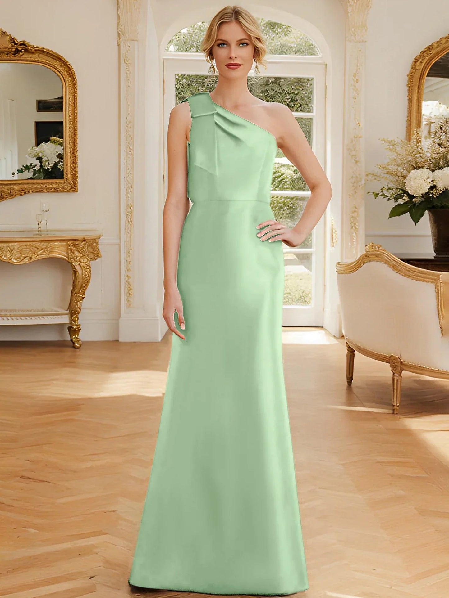 Tight fit/straight leg one shoulder sleeveless satin bow mother of the bride dress