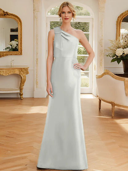 Tight fit/straight leg one shoulder sleeveless satin bow mother of the bride dress