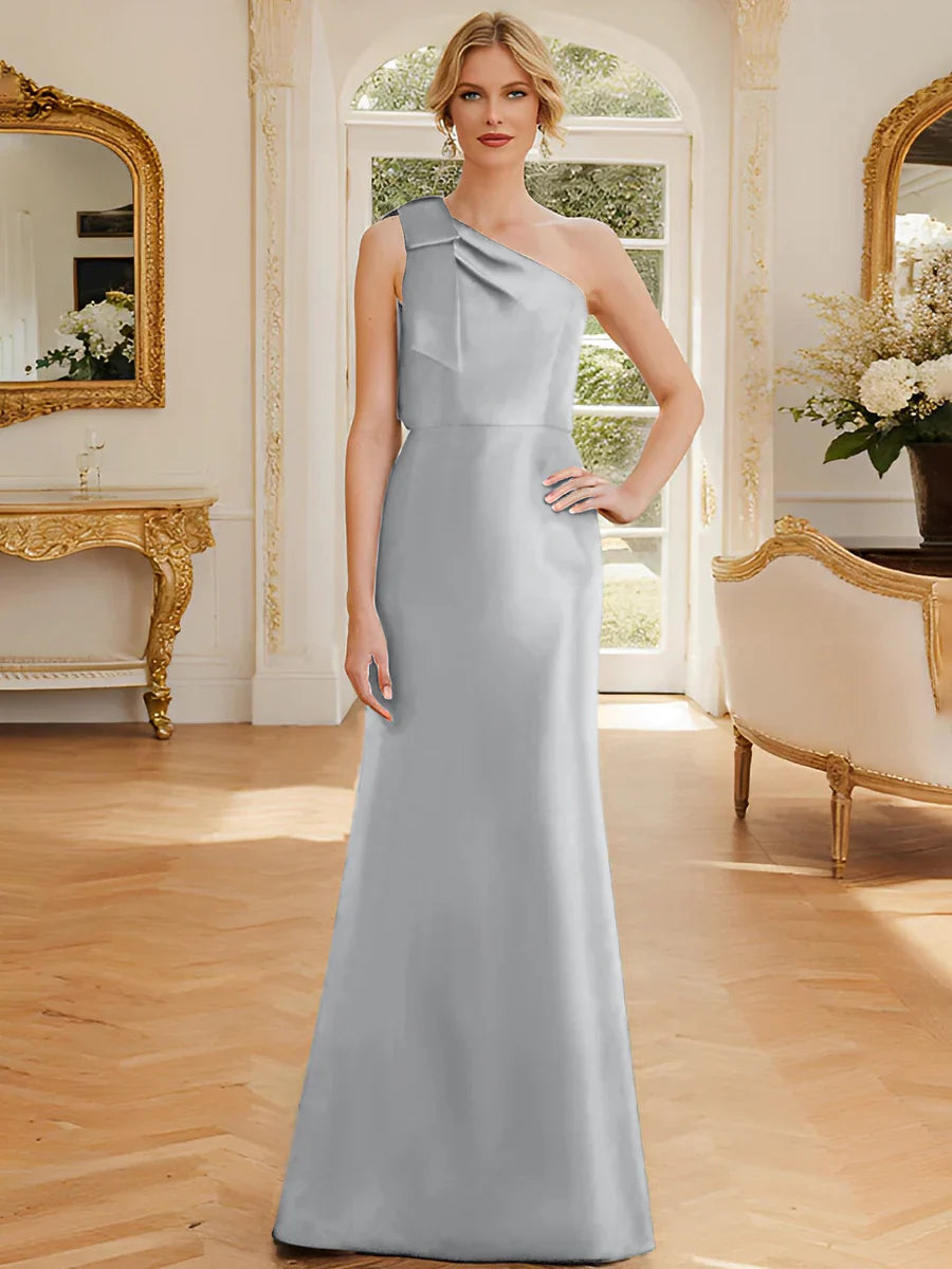 Tight fit/straight leg one shoulder sleeveless satin bow mother of the bride dress