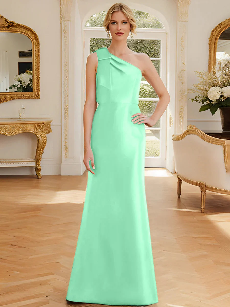 Tight fit/straight leg one shoulder sleeveless satin bow mother of the bride dress