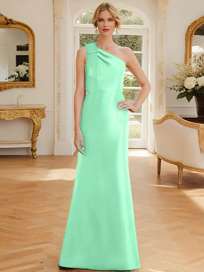 Tight fit/straight leg one shoulder sleeveless satin bow mother of the bride dress