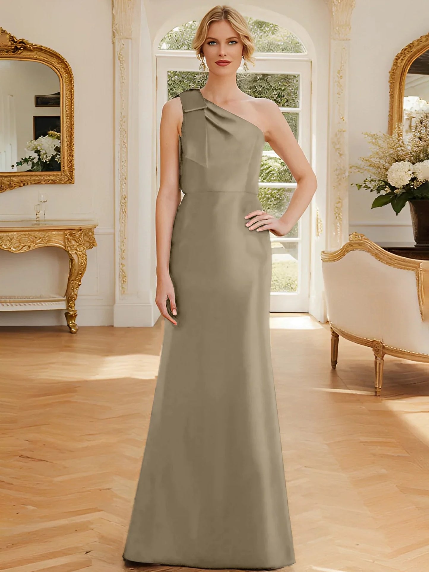 Tight fit/straight leg one shoulder sleeveless satin bow mother of the bride dress
