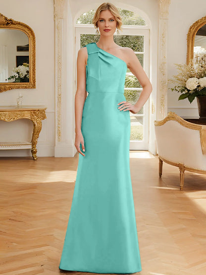 Tight fit/straight leg one shoulder sleeveless satin bow mother of the bride dress