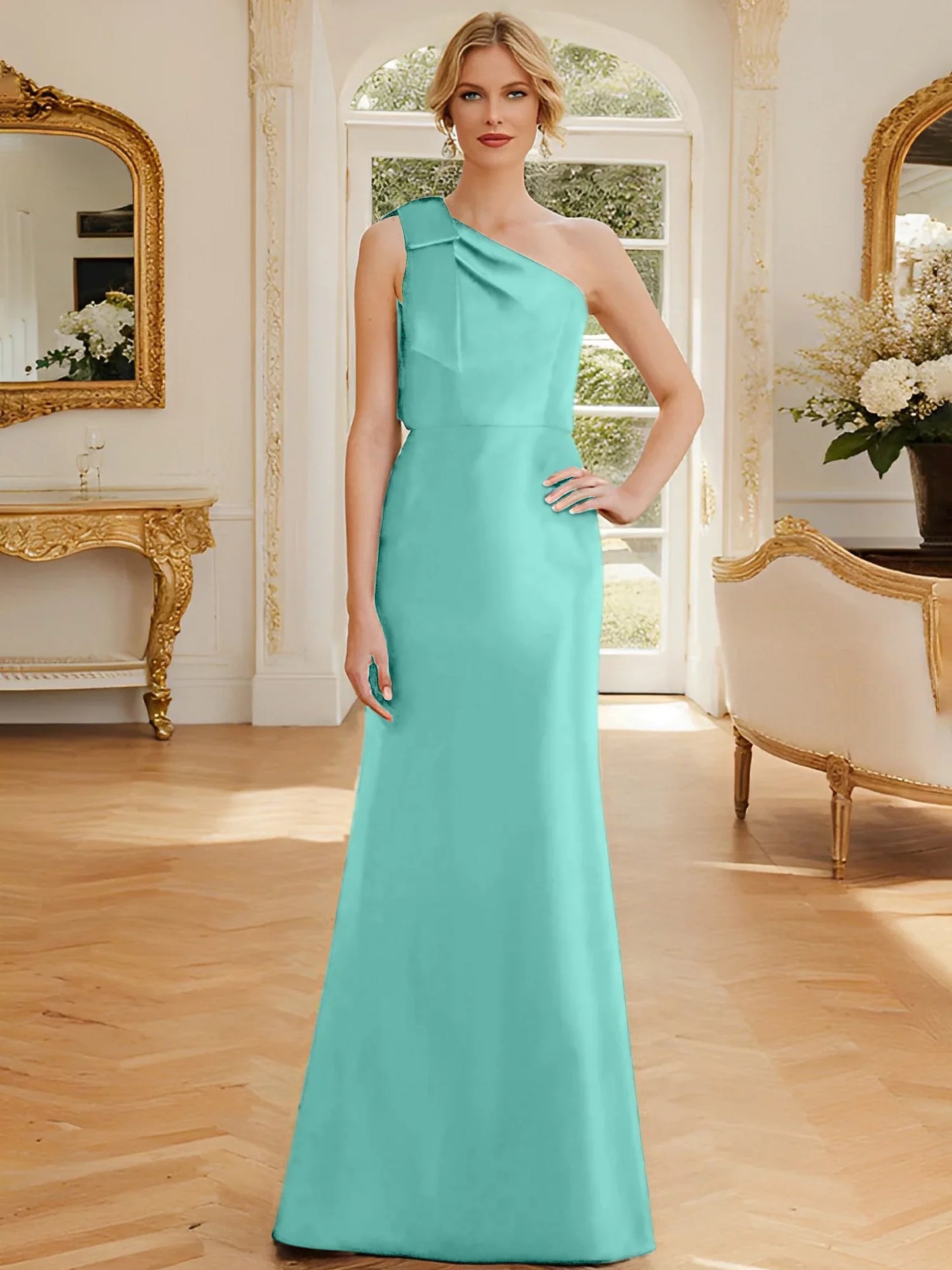 Tight fit/straight leg one shoulder sleeveless satin bow mother of the bride dress