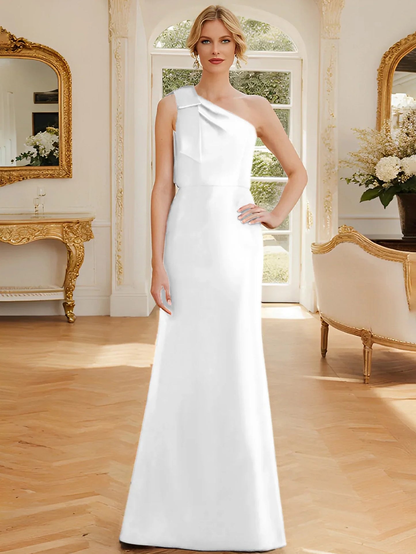 Tight fit/straight leg one shoulder sleeveless satin bow mother of the bride dress