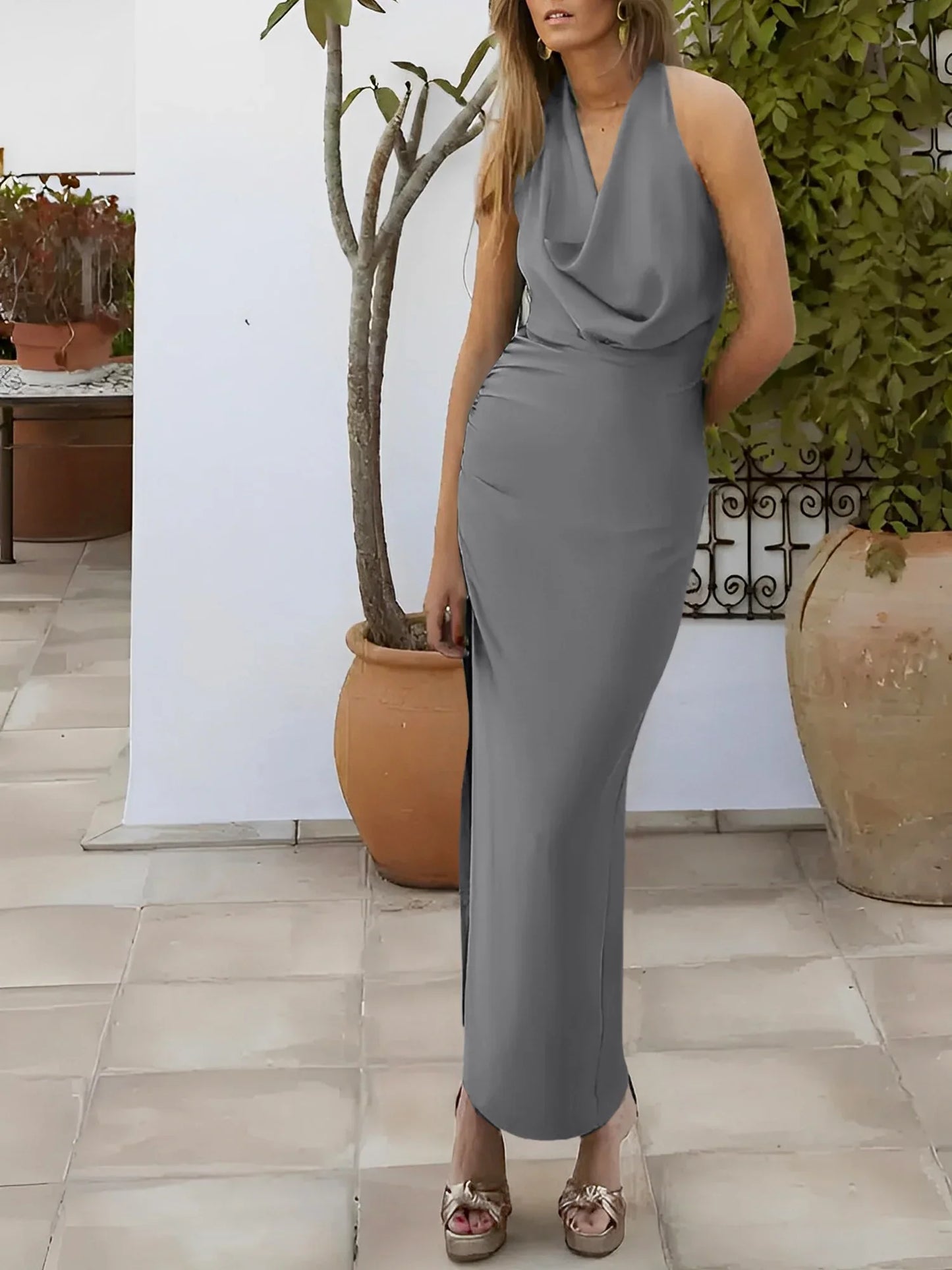 Tight fit/column neck and ankle mother of the bride dress
