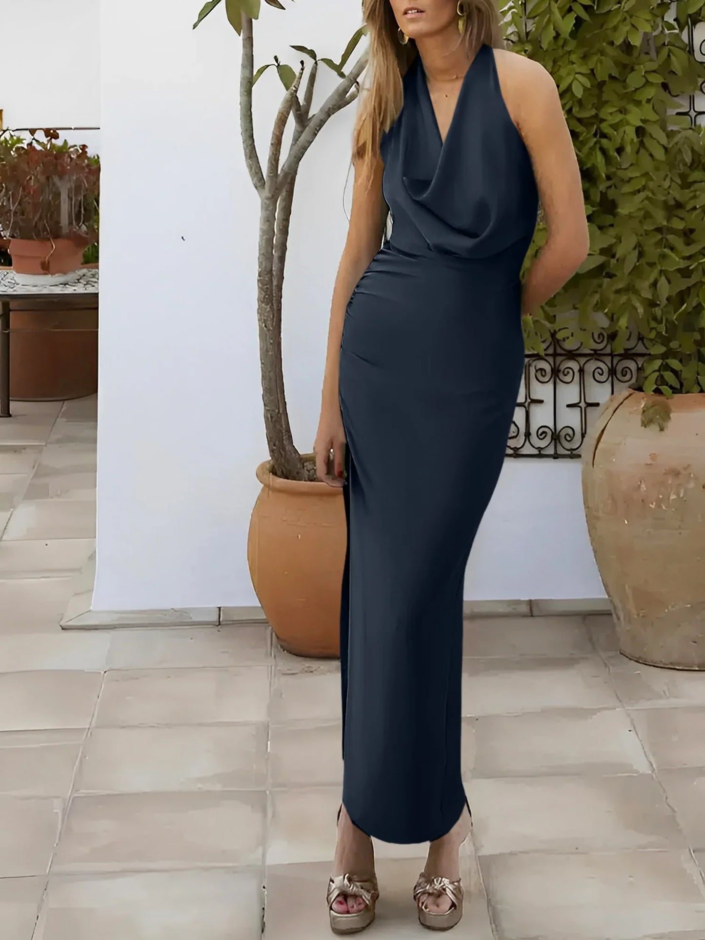 Tight fit/column neck and ankle mother of the bride dress