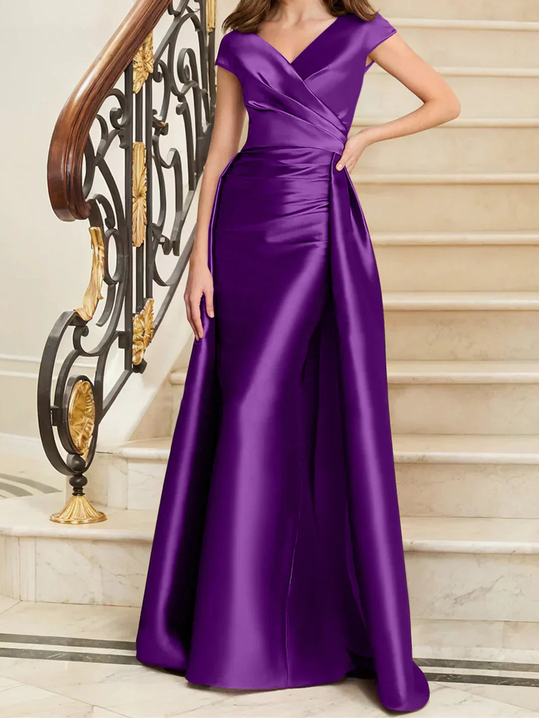 Tight fit/straight V-neck sleeveless satin mother of the bride dresses