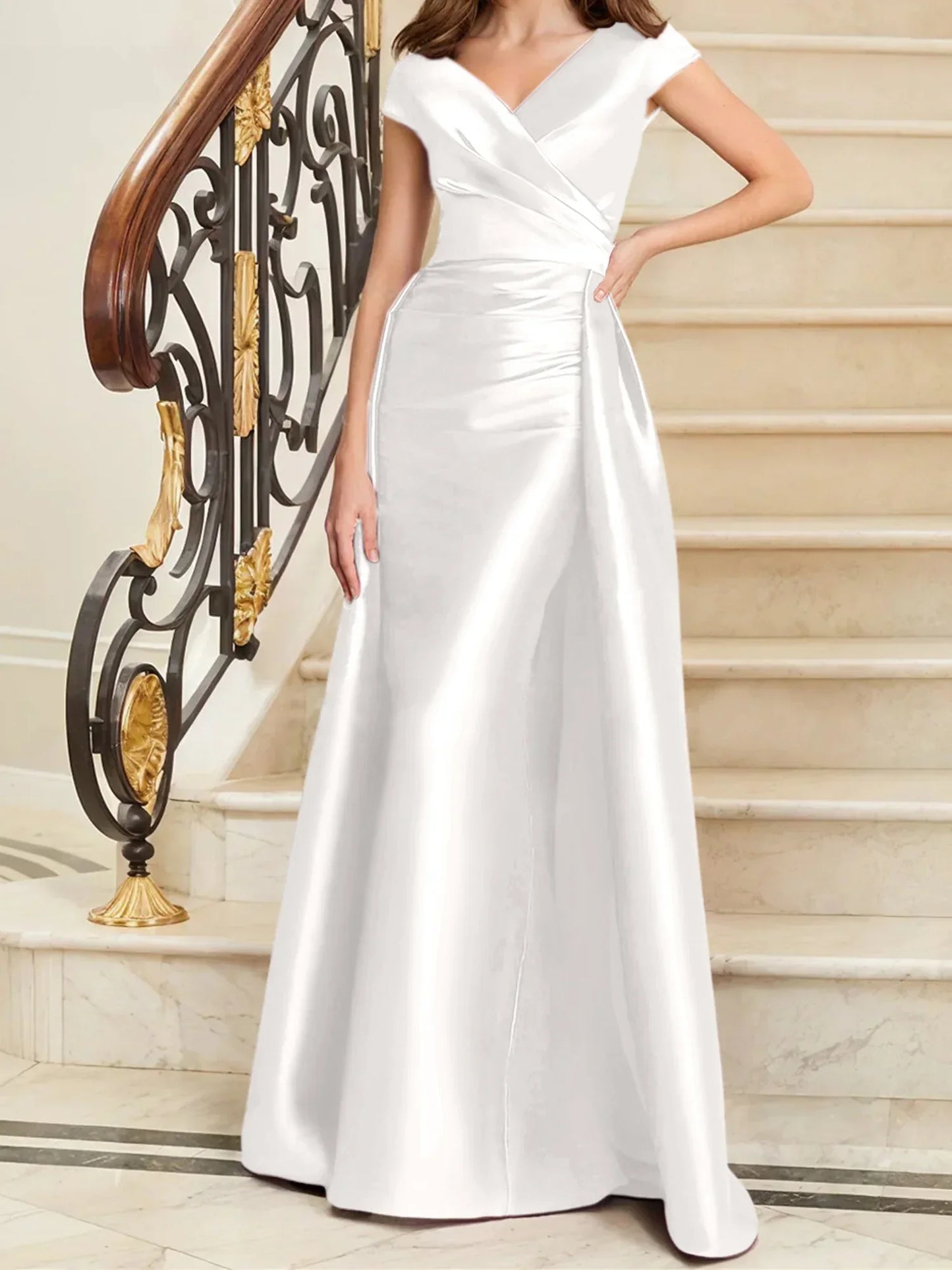 Tight fit/straight V-neck sleeveless satin mother of the bride dresses