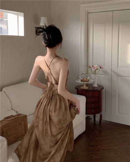 Vintage Fashion Chiffon Floral Printed Design A-line Beach Holiday Halter Dress HZ1024
