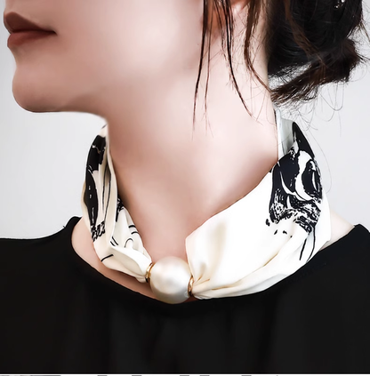 Vintage Floral Design Magnetic Buckle Pearl Soft Silk Scarf HZ1024