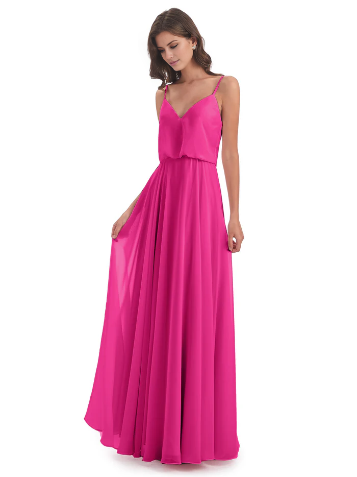 Simple slim shoulder chiffon and floor length bridesmaid dress