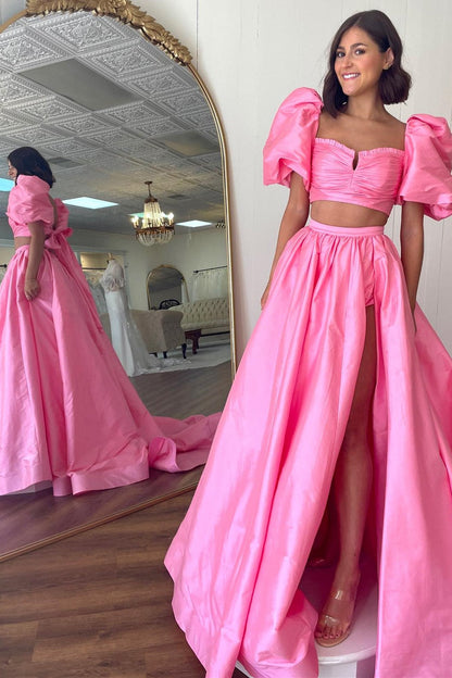 Two-Piece Green Puff Sleeve Tie-Back Long Prom Dress
