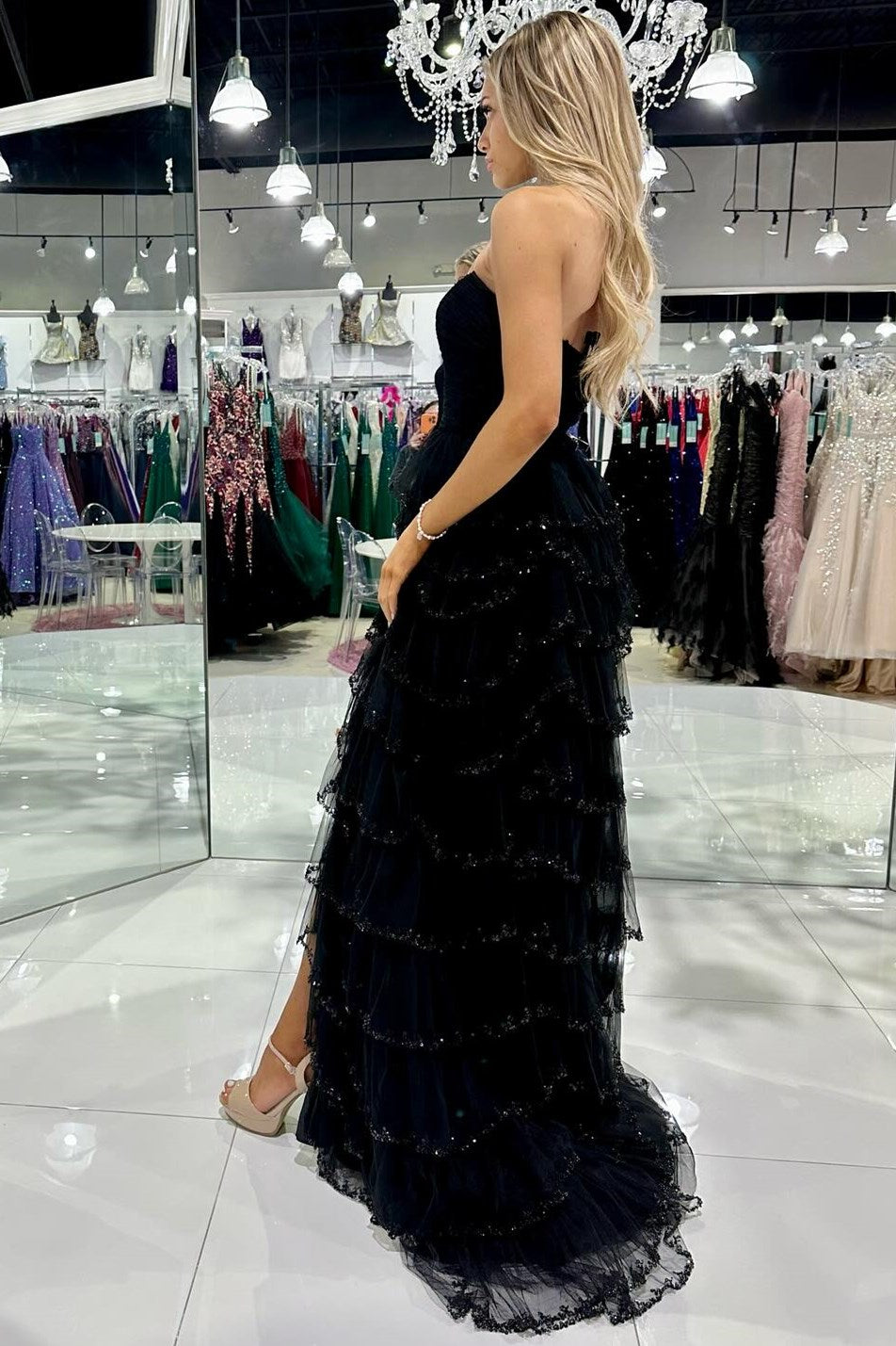 Black Tulle Strapless Ruffle Beaded Long Prom Dress with Slit