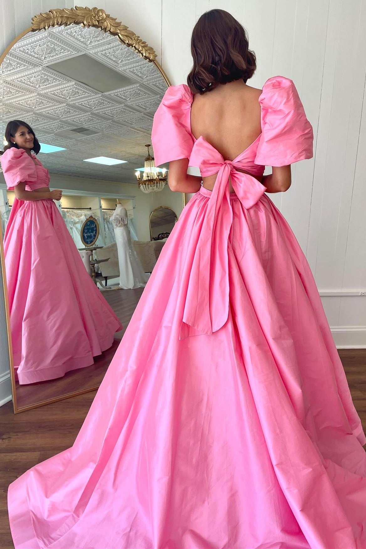 Two-Piece Green Puff Sleeve Tie-Back Long Prom Dress