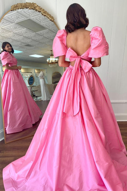 Two-Piece Green Puff Sleeve Tie-Back Long Prom Dress