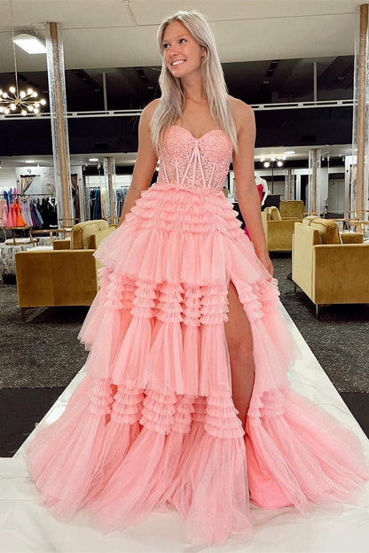 Strapless Tulle Sweetheart Tiered A-Line Long Prom Dress with Ruffles