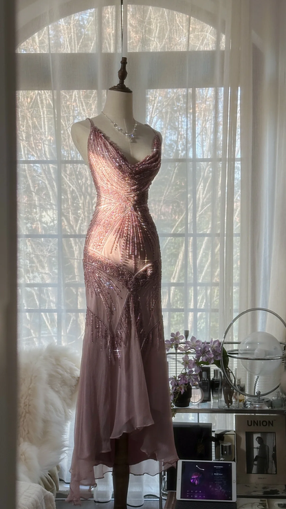 Vintage Elegant Purple Fairy Long Chiffon Spaghetti Strap Romantic Ball Gown Evening Dress Prom Dresses HZ1024