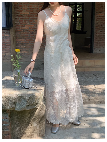 New Fashion White Floral Design Lace A-line V-neck Spaghetti Strap Dress HZ1024