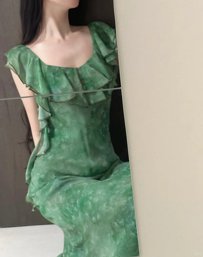 Elegant Dark Green Mermaid Ruffled Chiffon Long Prom Dress Evening Dress cc5273