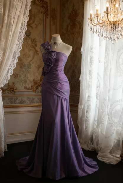 Retro Elegant Purple 3D Floral One-Shoulder Mermaid Satin Long Prom Dress Evening Dress cc5359