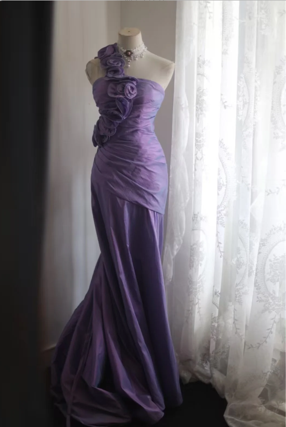 Retro Elegant Purple 3D Floral One-Shoulder Mermaid Satin Long Prom Dress Evening Dress cc5359