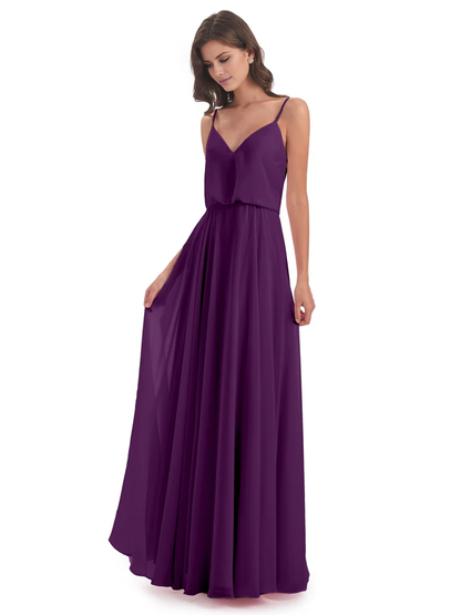 Simple slim shoulder chiffon and floor length bridesmaid dress