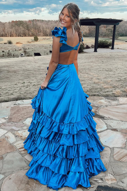 Red Cutout Ruffle A-Line Long Prom Dress with Slit