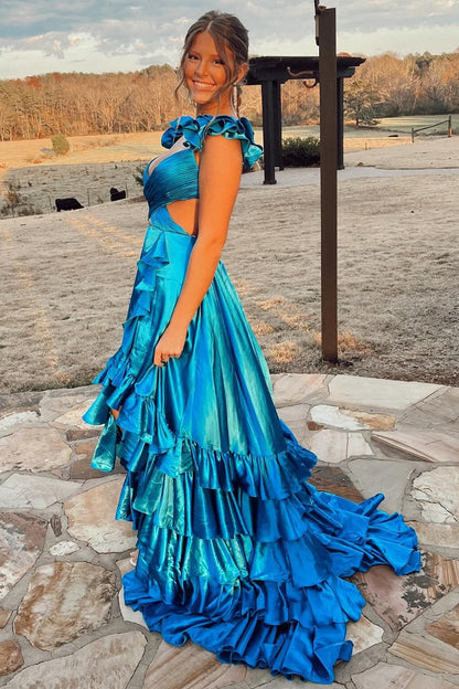 Red Cutout Ruffle A-Line Long Prom Dress with Slit