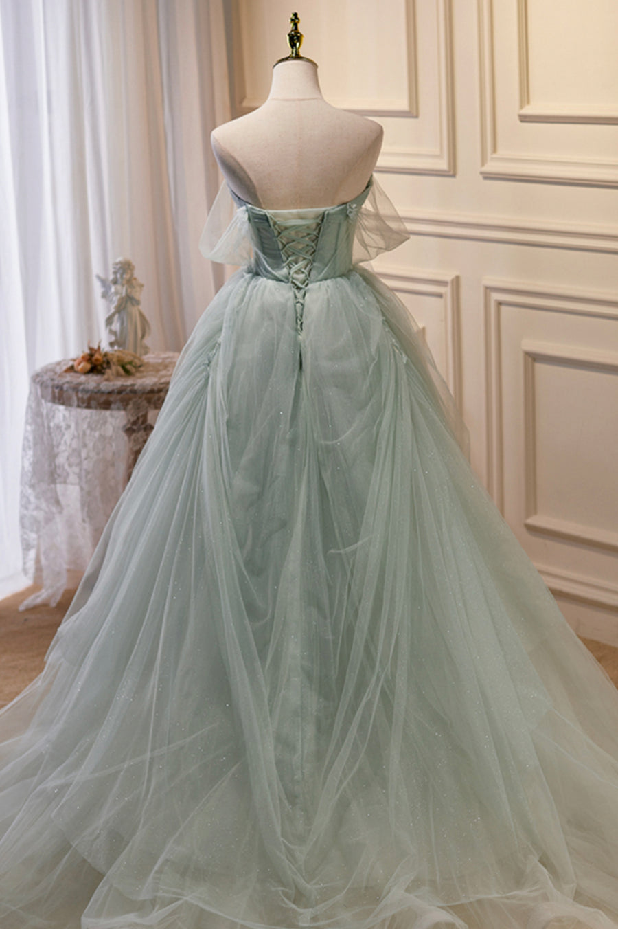 Green Tulle Beaded Ball Gown Off Shoulder Party Dress Sweet 16 Dress Beautiful