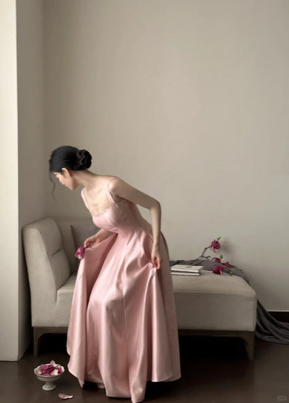 Elegant Pink A-line Square Neck Strap Satin Long Prom Dress Evening Dress cc5274