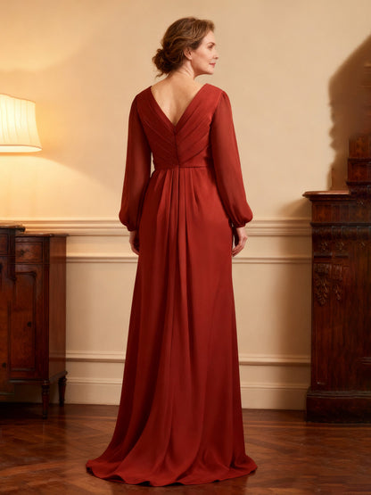 Wrap-Front Beaded Long Sleeve Formal Dress Rust