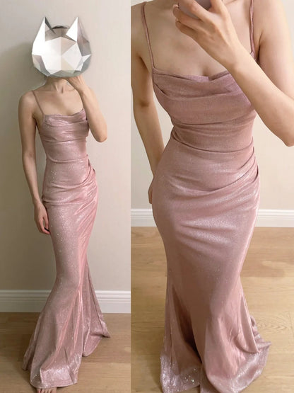 Elegant Pink Mermaid Spaghetti Strap Glittery Long Prom Dress Evening Dress Bridesmaid Dress cc5360