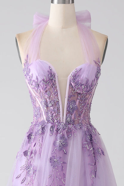 Purple A-Line Halter Neck Beaded Long Prom Dress V-neck With Slit