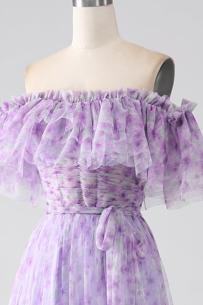 A-Line Off the Shoulder Floral Long Prom Dress With Ruffles Beautiful