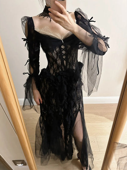 Dark Vintage Black Long Sleeve High-Slit Lace Tulle Prom Dress Evening Dress cc5364