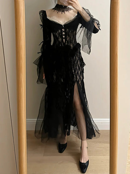 Dark Vintage Black Long Sleeve High-Slit Lace Tulle Prom Dress Evening Dress cc5364