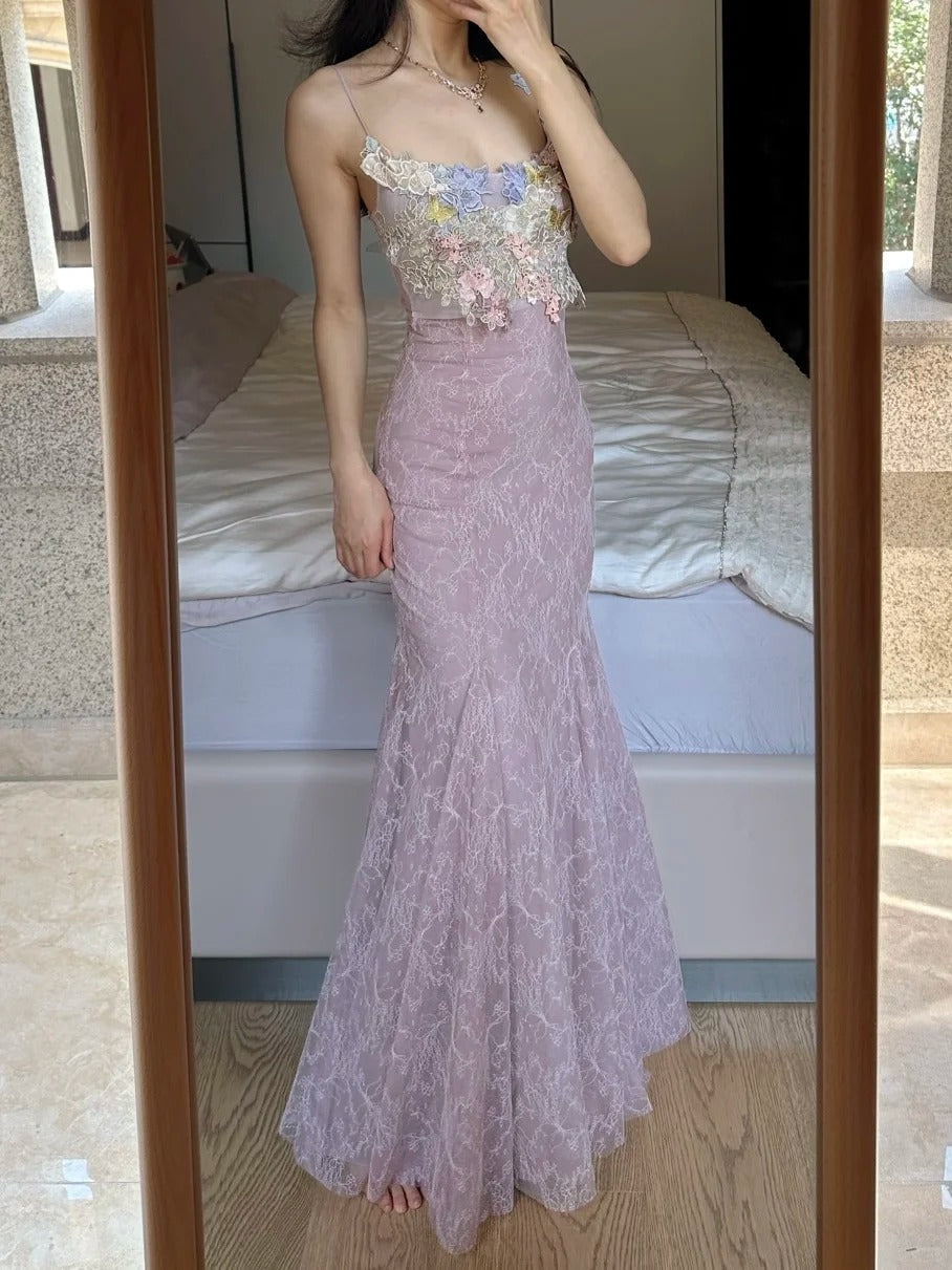 Elegant Light Purple Mermaid Square Neck 3D Floral Lace Long Prom Dress Evening Dress cc5365