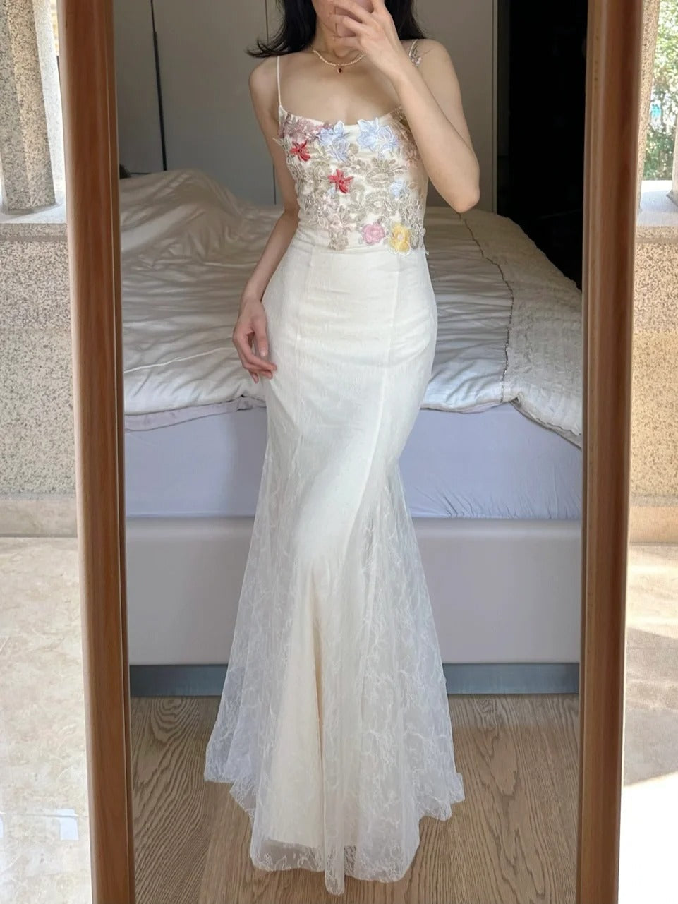 Elegant Light Purple Mermaid Square Neck 3D Floral Lace Long Prom Dress Evening Dress cc5365