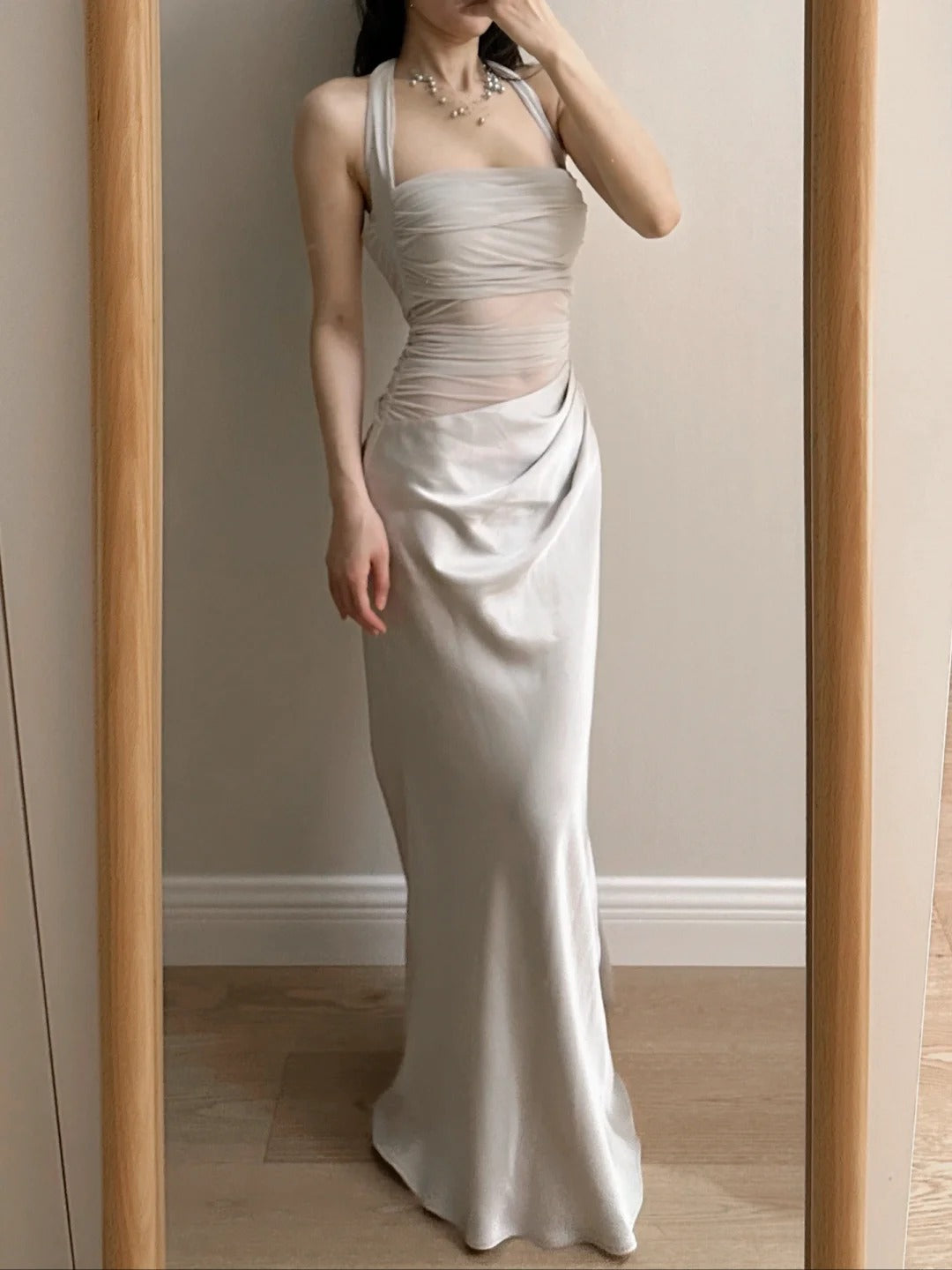 Elegant Grey Mermaid Halter Neck Square Neck Satin Tulle Long Prom Dress Evening Dress cc5366