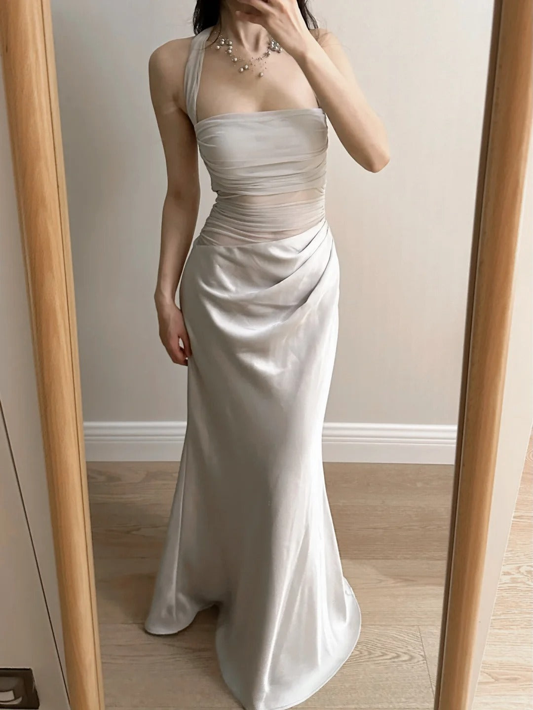Elegant Grey Mermaid Halter Neck Square Neck Satin Tulle Long Prom Dress Evening Dress cc5366