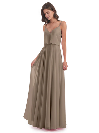 Simple slim shoulder chiffon and floor length bridesmaid dress