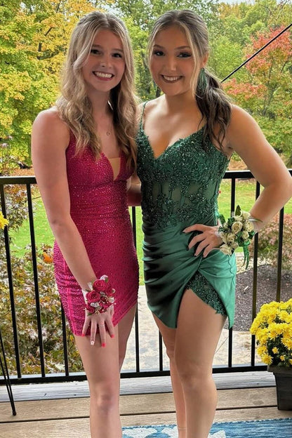 Red Sequin Lace Bustier Short Cocktail Dress with Slit