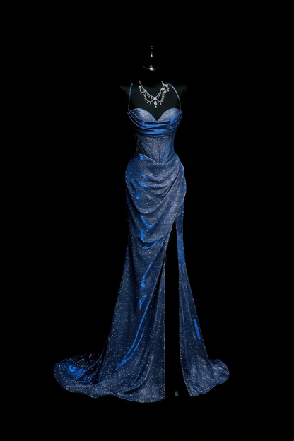 Galaxy Iridescent Style Blue Shimmer Halter Mermaid Gown - Starlight Theme Dinner & Red Carpet Dress gh6570